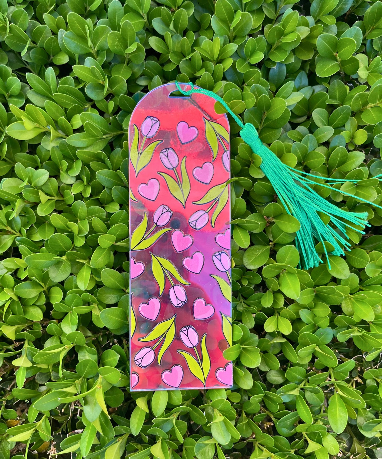 Holographic Pink Hearts and Tulips Bookmark
