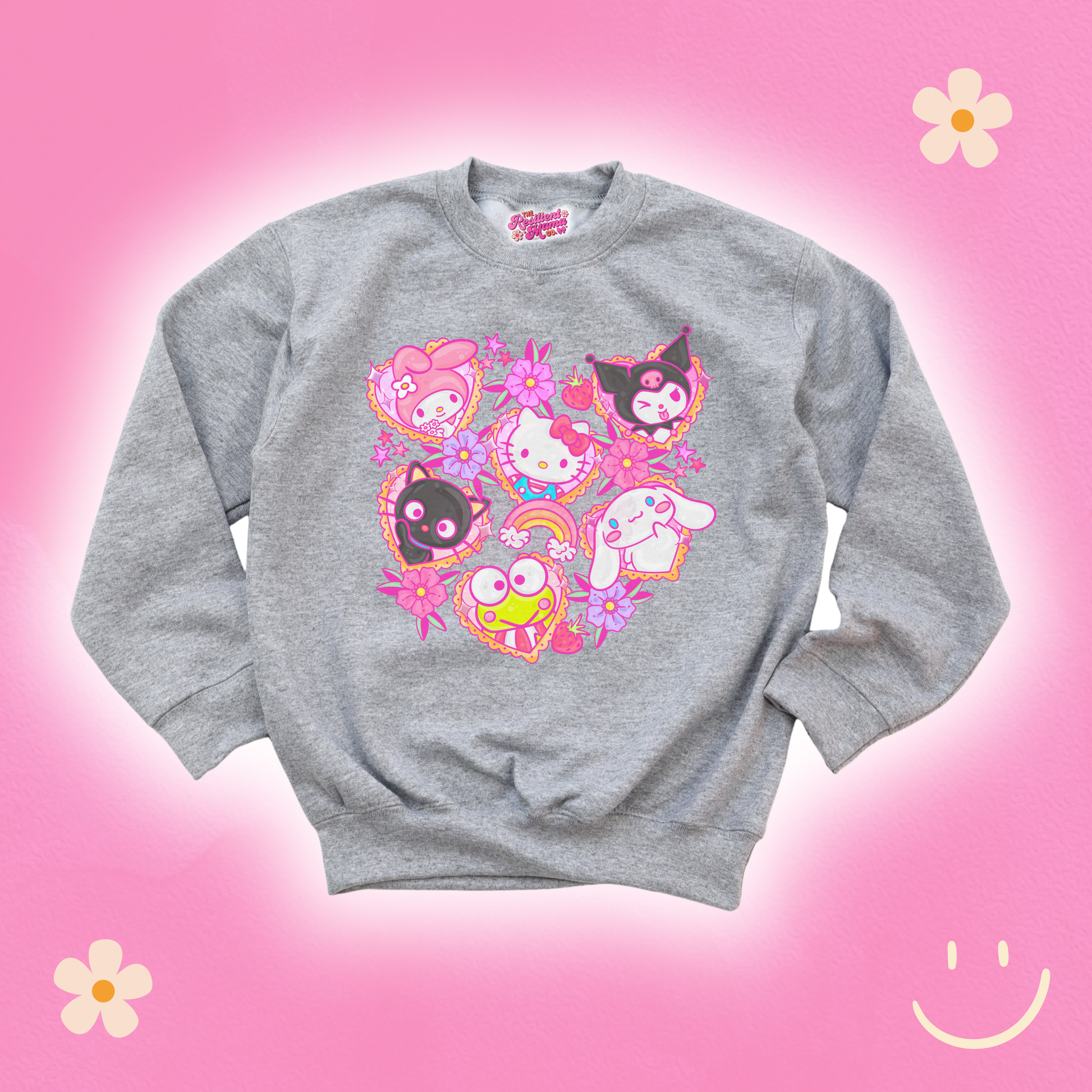 Gray sweatshirt with colorful cartoon characters on a pink background