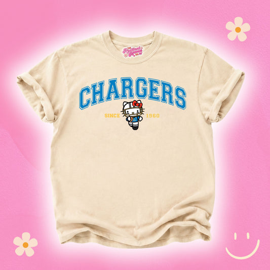 Hello Kitty football graphic T-shirt featuring a cute game day design, perfect for football season and Hello Kitty fans.