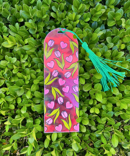 Holographic Pink Hearts and Tulips Bookmark